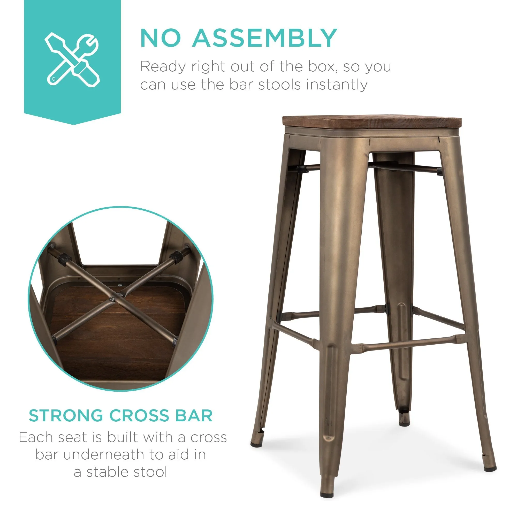Set of 4 Industrial Steel Backless Bar Height Stools w/ Wooden Seats - 30in