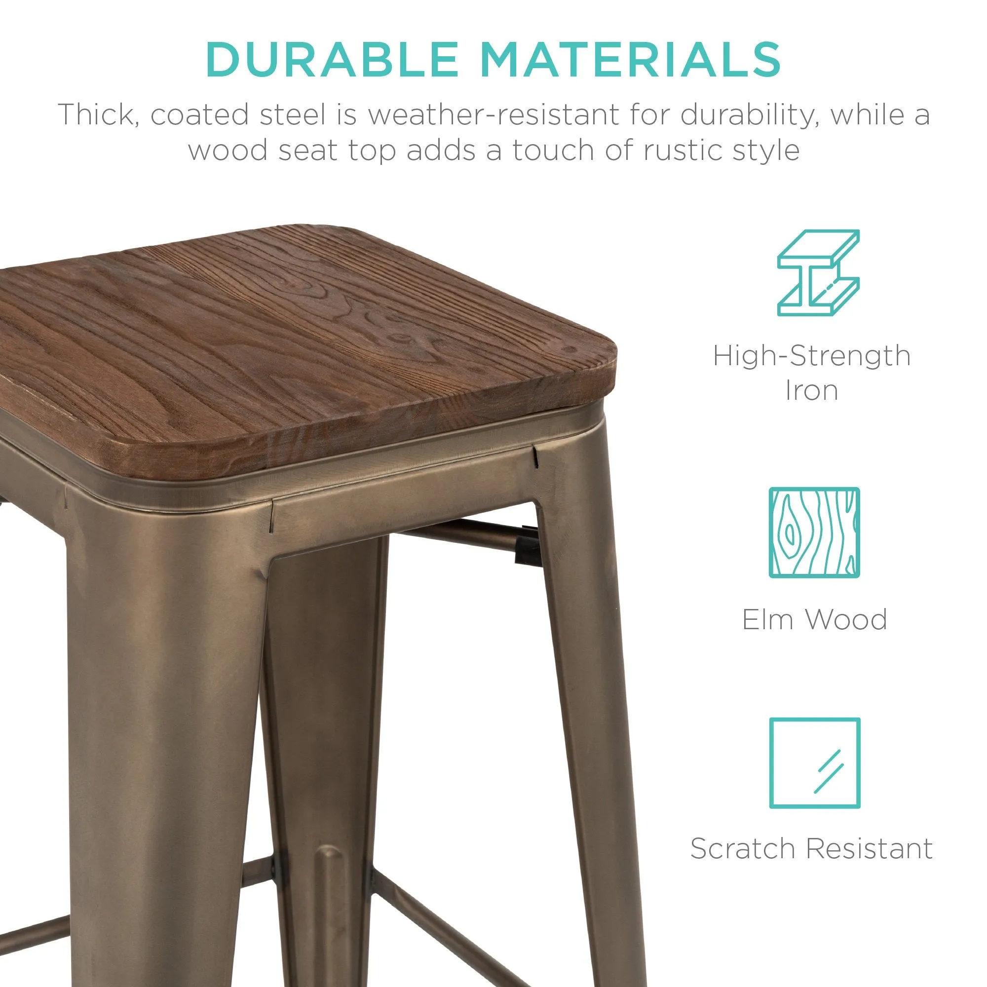 Set of 4 Industrial Steel Backless Bar Height Stools w/ Wooden Seats - 30in