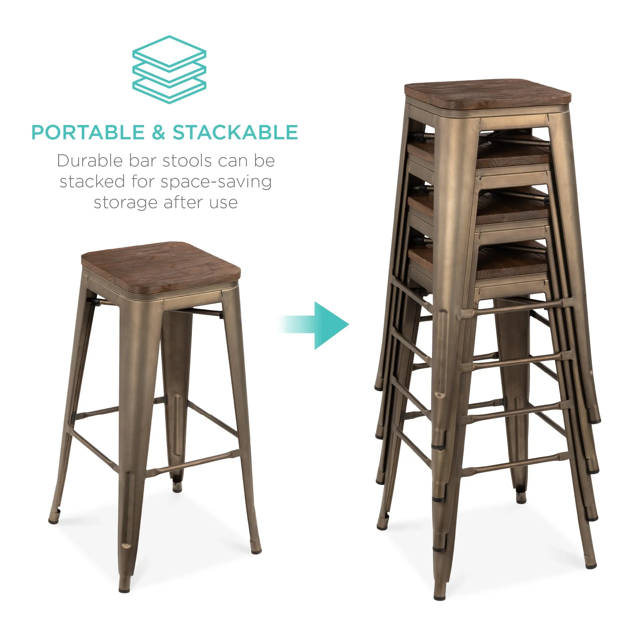 Set of 4 Industrial Steel Backless Bar Height Stools w/ Wooden Seats - 30in