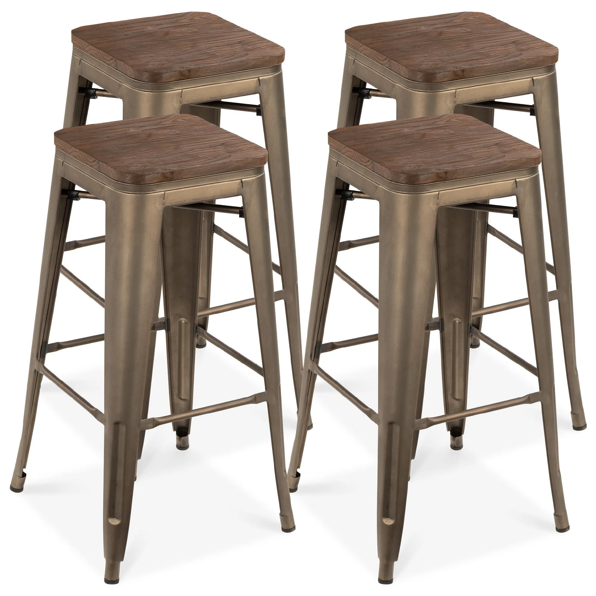 Set of 4 Industrial Steel Backless Bar Height Stools w/ Wooden Seats - 30in