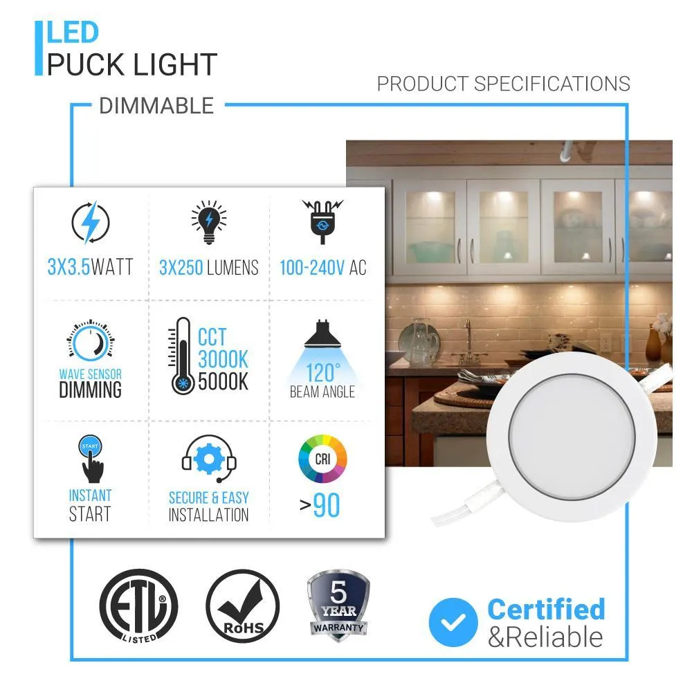 Swivel LED Puck Lights Kit with ETL List, Recessed or Surface Mount Design, CRI90, 3-Piece Kit With 12V Adaptor & Touch Dimmer, Linkable, 3x3.5 Watts, 750 Lumens, White