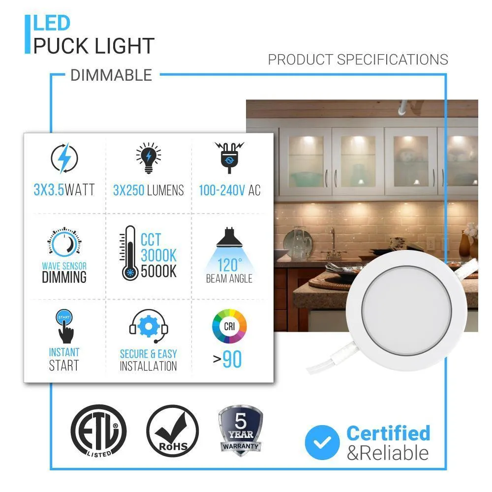 Swivel LED Puck Lights Kit with ETL List, Recessed or Surface Mount Design, CRI90, 3-Piece Kit With 12V Adaptor & Touch Dimmer, Linkable, 3x3.5 Watts, 750 Lumens, White