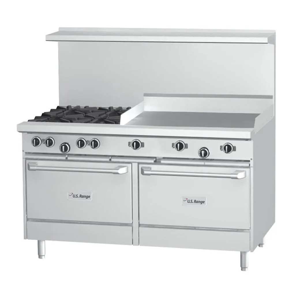 US Range U60-2G48RS 60" Natural Gas 4-Burner Range With Right Hand 48" Griddle, 1 Standard Oven and 1 Storage Base - 174,000 BTU