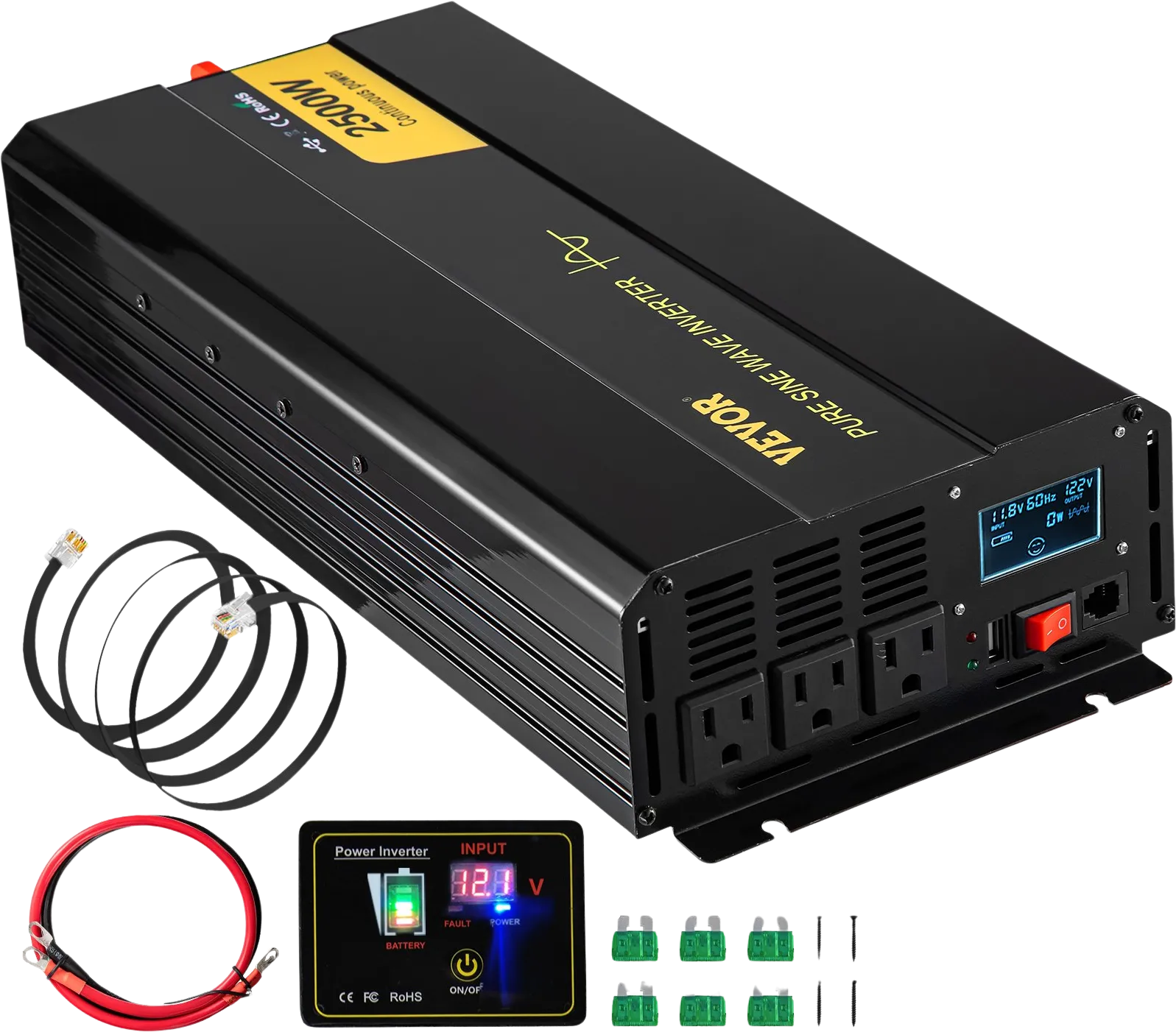 Vevor Pure Sine Wave Inverter 2500W DC 12V to AC 120V LCD Display and Remote Controller New