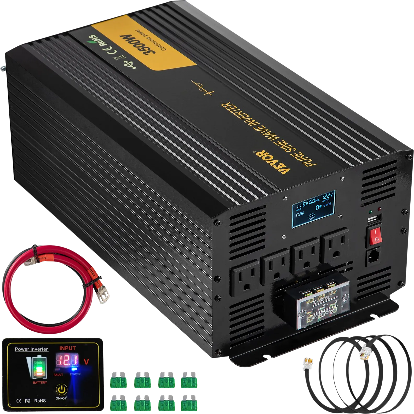 Vevor Pure Sine Wave Inverter 3500W DC 12V to AC 120V LCD Display and Remote Controller New
