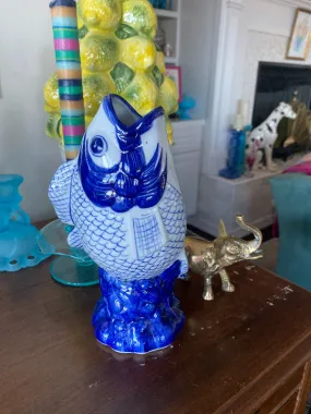 Vintage Fish Vase, Blue & White Chinoiserie