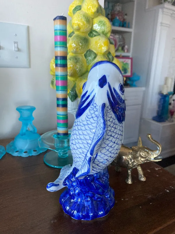 Vintage Fish Vase, Blue & White Chinoiserie