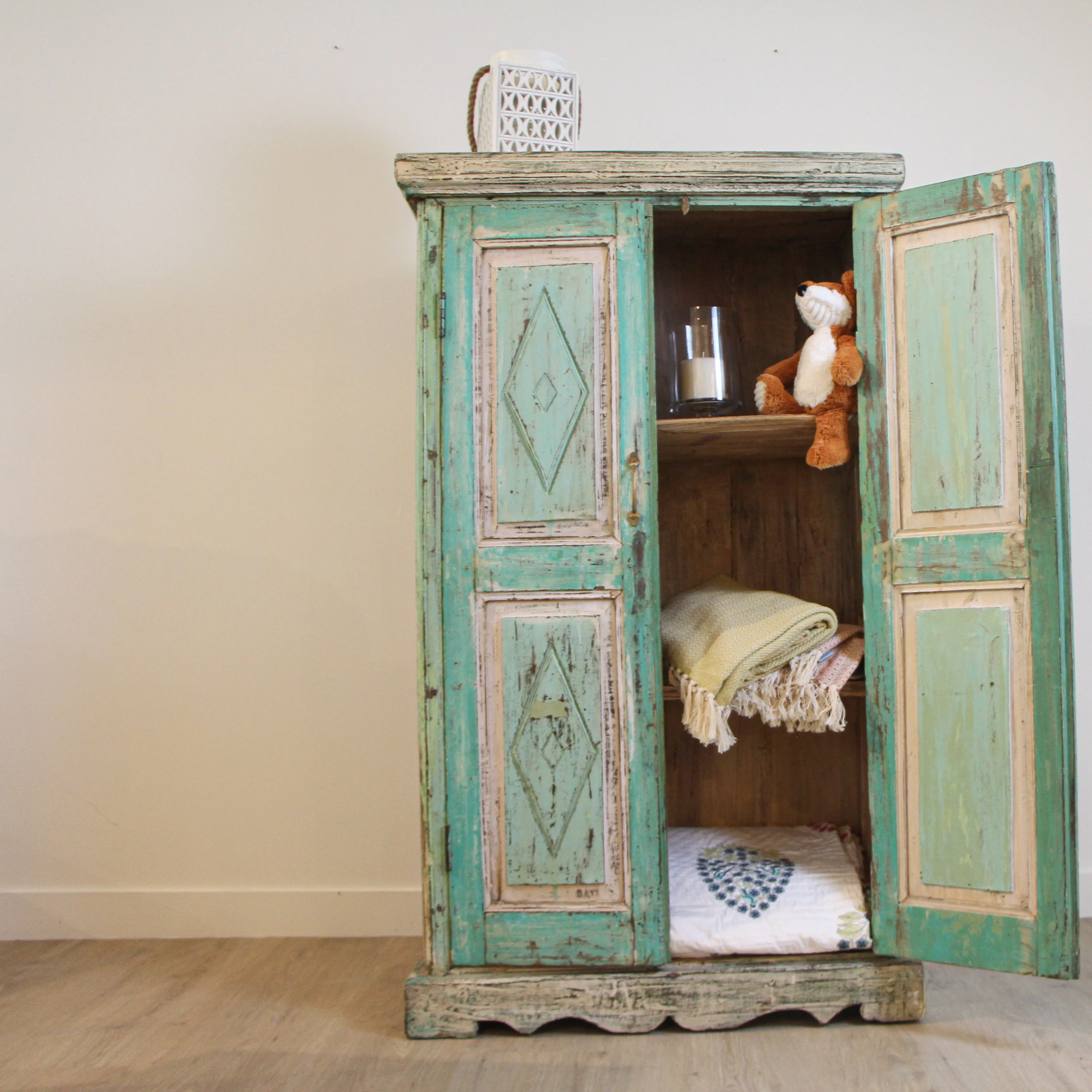 Vintage Teak Cabinet, Teal and Cream