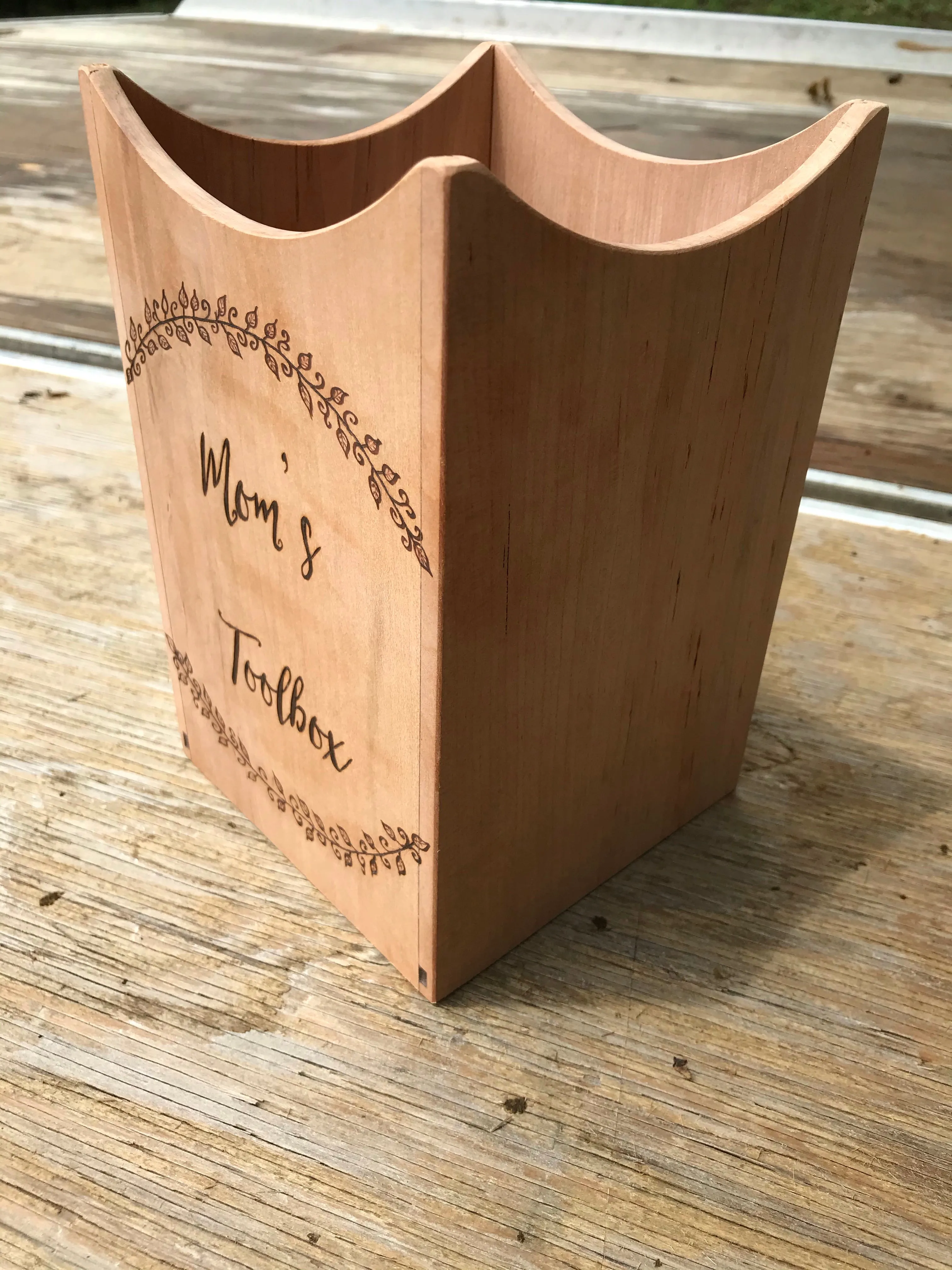 Wood Utensil Holder with Wood Burned Designs:  Mom's Toolbox