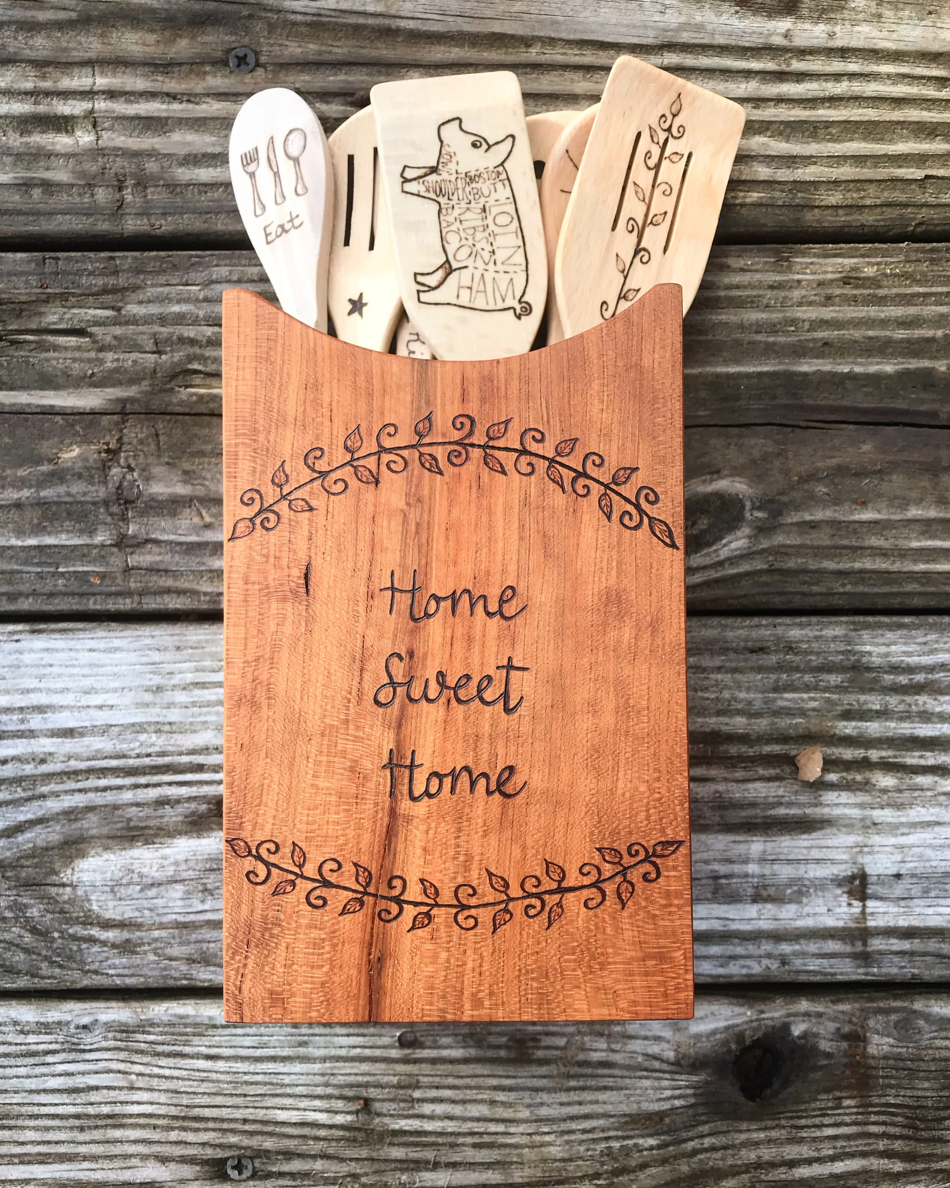 Wood Utensil Holder with Wood Burned Designs:  Mom's Toolbox